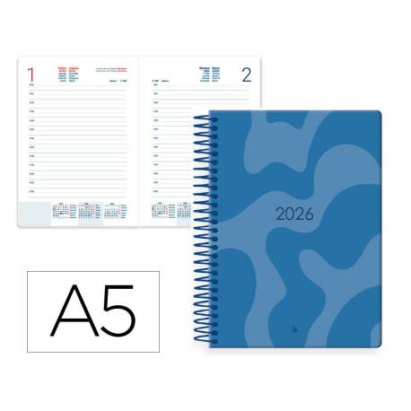AGENDA ESPIRAL MARCA LIDERPAPEL SYROS 150X210 MM 2026 DIA PAGINA AZUL PAPEL 60 GR FSC