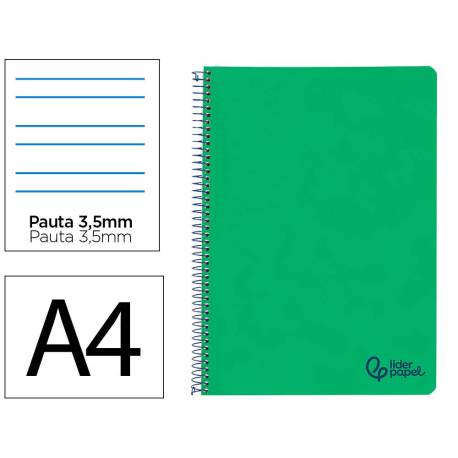 CUADERNO ESPIRAL MARCA LIDERPAPEL A4 WONDER TAPA PLASTICO 80H 90GR PAUTA ANCHA 3,5MM CON MARGEN COLOR VERDE OSCURO
