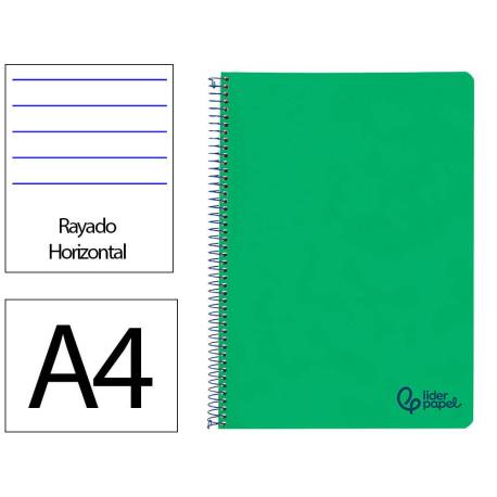 CUADERNO ESPIRAL MARCA LIDERPAPEL A4 WONDER TAPA PLASTICO 80H 90GR RAYADO HORIZONTAL CON MARGEN COLOR VERDE OSCURO