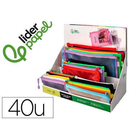 BOLSA ZIPPER BAG LIDERPAPEL POLIESTER TRANSPIRABLE MULTIUSOS EXPOSITOR DE 40 UNIDADES TAMAÑOS Y COLORES