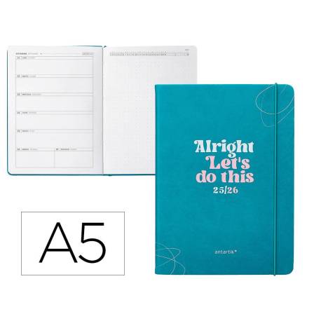 AGENDA ESCOLAR ANTARTIK 25-26 ENCUADERNADA GO! SIMIL PIEL VERDE SEMANA VISTA DIN A5 BILINGÜE PAPEL FSC 80 GR