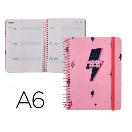 AGENDA ESCOLAR LIDERPAPEL 25-26 ESPIRAL PATTERNS RAYOS ROSA SEMANA VISTA DIN A6 BILINGÜE PAPEL FSC 80 GR