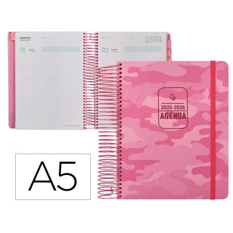AGENDA ESCOLAR LIDERPAPEL 25-26 ESPIRAL PATTERNS MILITAR ROSA DIA PAGINA DIN A5 BILINGÜE PAPEL FSC 80 GR