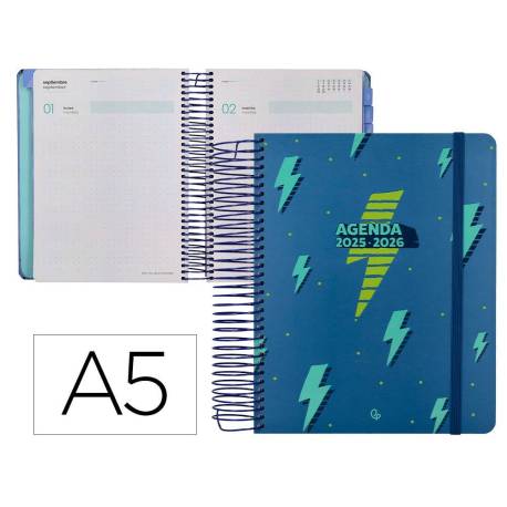 AGENDA ESCOLAR LIDERPAPEL 25-26 ESPIRAL PATTERNS RAYOS AZUL DIA PAGINA DIN A5 BILINGÜE PAPEL FSC 80 GR