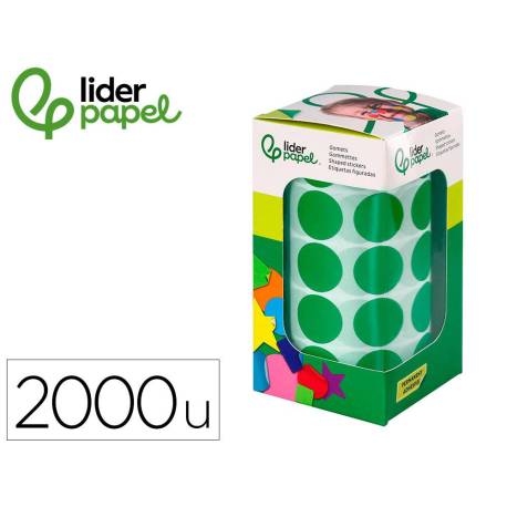 GOMETS MARCA LIDERPAPEL AUTOADHESIVO S CIRCULOS 20 MM VERDE ROLLO DE 2000 UNIDADES EN CAJA DE CARTON
