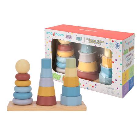 JUEGO INFANTIL MARCA IMAGINOVO MADERA TORRE DE FORMAS APILABLES +18 MESES 17 PIEZAS 28X20X9CM