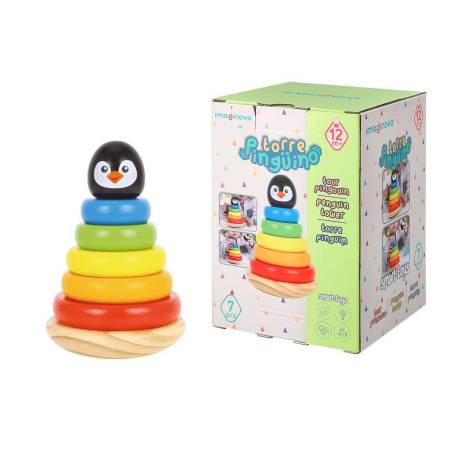 JUEGO INFANTIL MARCA IMAGINOVO MADERA FORMA DE PINGUINO TORRE DE FORMAS APILABLES +12 MESES 7 PIEZAS 18X12X12CM