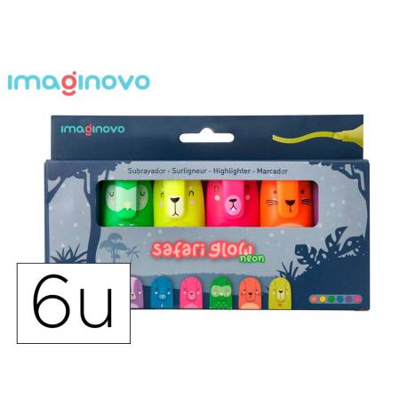 ROTULADOR IMAGINOVO FLUORESCENTE SAFARI GLOW NEON ANIMALES Y CLIP CAJA DE 6 UNIDADES SURTIDAS