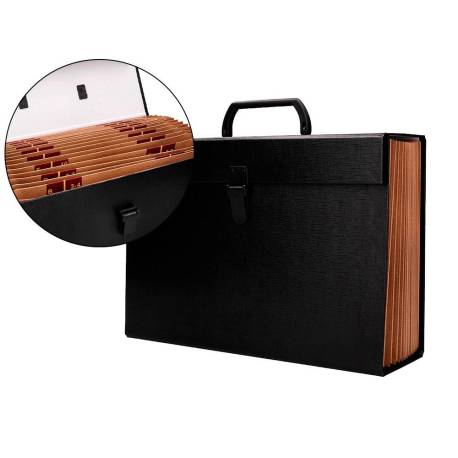MALETIN MARCA LIDERPAPEL CON FUELLE Y ASA CARTON FORRADO 19 DEPARTAMENTOS 255X390X120 MM COLOR NEGRO