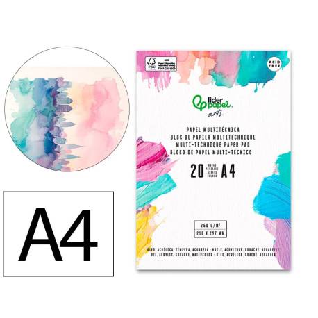 BLOC PAPEL MULTITECNICA MARCA LIDERPAPEL DIN A4 PARA ACRILICO OLEO Y GOUACHE 20 HOJAS GRAMAJE 260G/M2