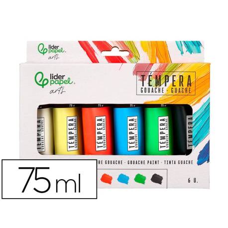 PINTURA GOUACHE/TEMPERA MARCA LIDERPAPEL CAJA DE 6 TUBOS DE PLASTICO DE 75 ML COLORES SURTIDOS