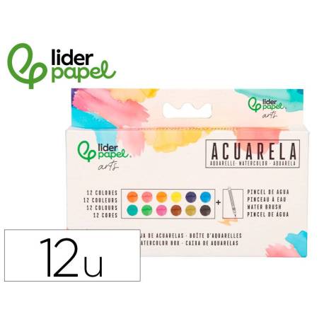 ACUARELA MARCA LIDERPAPEL 12 COLORES CON PINCEL DE AGUA RELLENABLE ESTUCHE DE PLASTICO