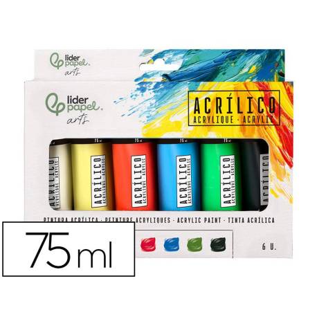 PINTURA ACRILICA MARCA LIDERPAPEL CAJA DE 6 TUBOS DE PLASTICO DE 75 ML COLORES BASICOS