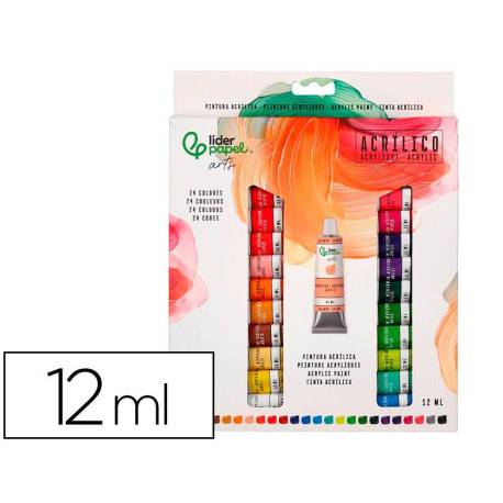 PINTURA ACRILICA MARCA LIDERPAPEL CAJA DE 24 TUBOS DE ALUMINIO DE 12 ML COLORES SURTIDOS