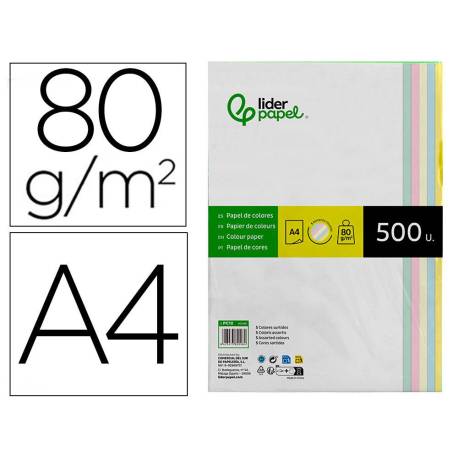 Papel color Liderpapel A4 80 g/m2 Colores Surtidos 500 hojas