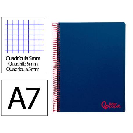 CUADERNO ESPIRAL LIDERPAPEL A7 MICRO WONDER TAPA PLASTICO 100H 90 GR CUADRO 5MM 4 BANDAS AZUL MARINO
