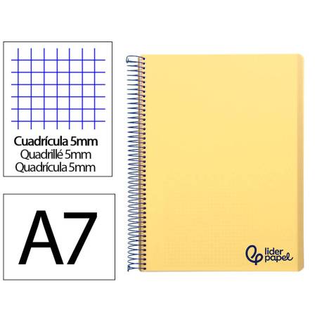 CUADERNO ESPIRAL LIDERPAPEL A7 MICRO WONDER TAPA PLASTICO 100H 90 GR CUADRO 5MM 4 BANDAS AMARILLO