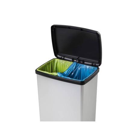 CONTENEDOR PLASTICO MARCA CEP ELITE CON TAPA Y PEDAL DOS COMPARTIMENTOS 50 L COLOR PLATA 390X288X654 MM