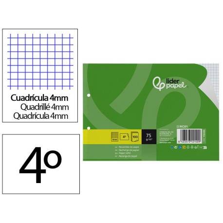 RECAMBIO MARCA LIDERPAPEL DIN A5 APAISADO 100 HOJAS 75 GR CUADRO 4 MM 2 TALADROS CON MARGEN