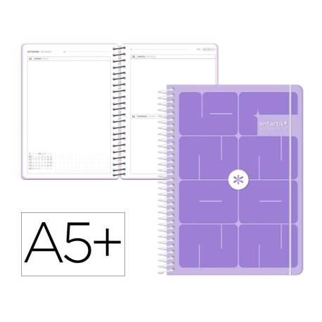 AGENDA ESCOLAR MARCA ANTARTIK 26-27 ESPIRAL ESSENTIALS DIA PAGINA A5+ BILINGUE 80G PAPEL FSC MORADO