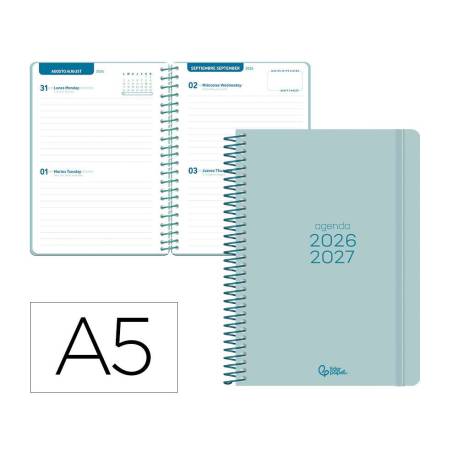 AGENDA ESCOLAR MARCA LIDERPAPEL 26-27 ESPIRAL BASIC 2 DIAS PAGINA A5 BILINGUE 70G PAPEL FSC TURQUESA
