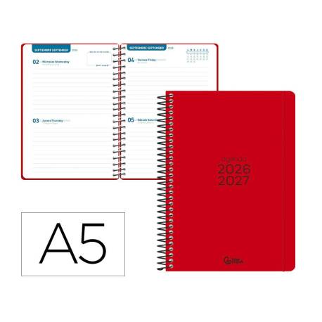AGENDA ESCOLAR MARCA LIDERPAPEL 26-27 ESPIRAL BASIC 2 DIAS PAGINA A5 BILINGUE 70G PAPEL FSC ROJO