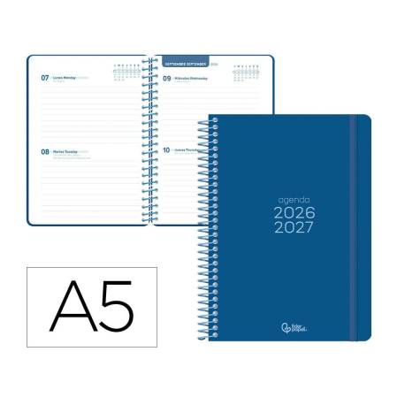 AGENDA ESCOLAR MARCA LIDERPAPEL 26-27 ESPIRAL BASIC 2 DIAS PAGINA A5 BILINGUE 70G PAPEL FSC AZUL MARINO