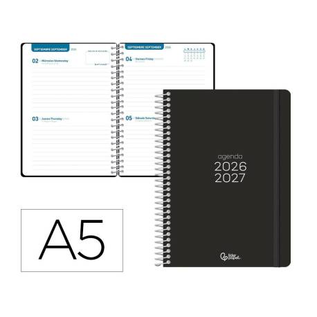 AGENDA ESCOLAR MARCA LIDERPAPEL 26-27 ESPIRAL BASIC 2 DIAS PAGINA A5 BILINGUE 70G PAPEL FSC NEGRO