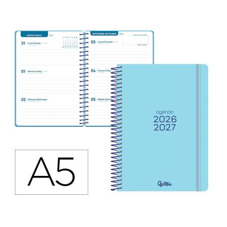AGENDA ESCOLAR MARCA LIDERPAPEL 26-27 ESPIRAL BASIC SEMANA VISTA A5 BILINGUE 70G PAPEL FSC AZUL TURQUESA