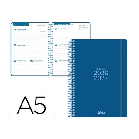 AGENDA ESCOLAR MARCA LIDERPAPEL 26-27 ESPIRAL BASIC SEMANA VISTA A5 BILINGUE 70G PAPEL FSC AZUL MARINO