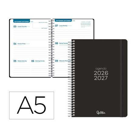 AGENDA ESCOLAR MARCA LIDERPAPEL 26-27 ESPIRAL BASIC SEMANA VISTA A5 BILINGUE 70G PAPEL FSC NEGRO