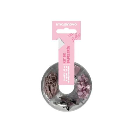 SET DE PAPELERIA MARCA IMAGINOVO CON CLIPS 28MM PINZAS 19MM Y CHINCHETAS ROSA