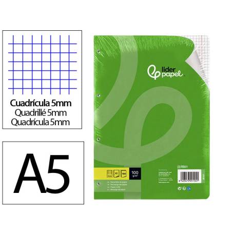 Recambio Liderpapel din A5 6 taladros 100 gr cuadrícula 5mm