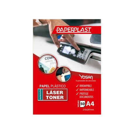 PAPEL PLASTICO YOSAN PAPERPLAST POLIESTER COLOR BLANCO BRILLO DIN A4 120 MC IMPRIMIBLE PAQUETE DE 50 HOJAS