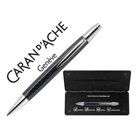 BOLIGRAFO MARCA CARAN D'ACHE ALCHEMIX CUERPO FIBRA DE CARBONO ADORNOS CROMADOS BRILLANTE CON ESTUCHE PUNTA