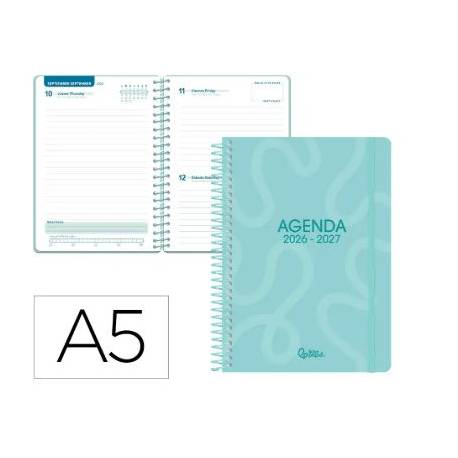 AGENDA ESCOLAR LIDERPAPEL 26-27 ESPIRAL CLASSIC DIA PAGINA A5 BILINGUE 70G PAPEL FSC AZUL TURQUESA