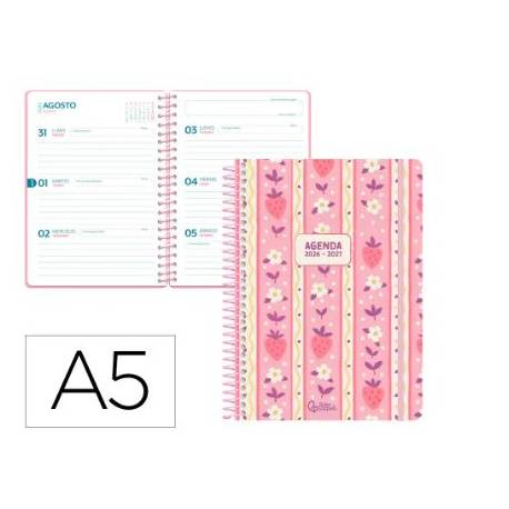 AGENDA ESCOLAR LIDERPAPEL 26-27 ESPIRAL COTTAGE SEMANA VISTA A5 BILINGUE 80G PAPEL FSC ROSA FRESAS