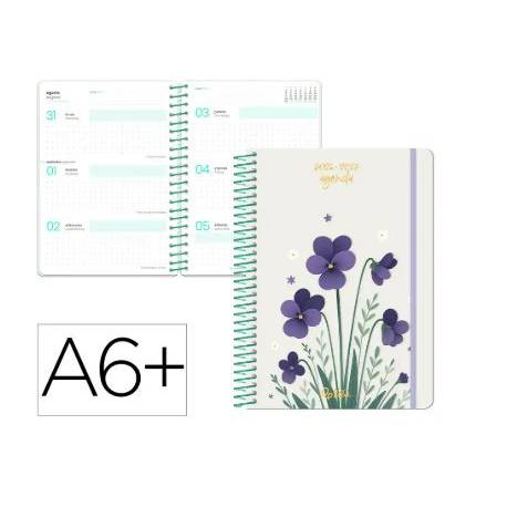 AGENDA ESCOLAR LIDERPAPEL 26-27 ESPIRAL FLOWERS SEMANA VISTA A6+ BILINGUE 80G PAPEL FSC BLANCO