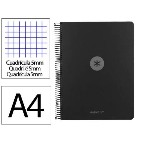 CUADERNO ESPIRAL MARCA ANTARTIK MICRO A4 TAPA FOAM 120H 90GR CUADRO 5MM 5 BANDAS 4 TALADROS COLOR NEGRO