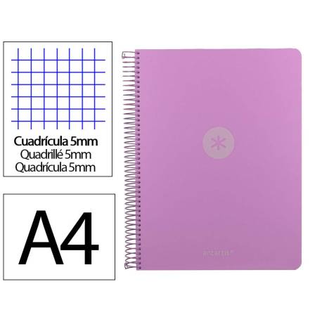 CUADERNO ESPIRAL MARCA ANTARTIK MICRO A4 TAPA FOAM 120H 90GR CUADRO 5MM 5 BANDAS 4 TALADROS COLOR LAVANDA