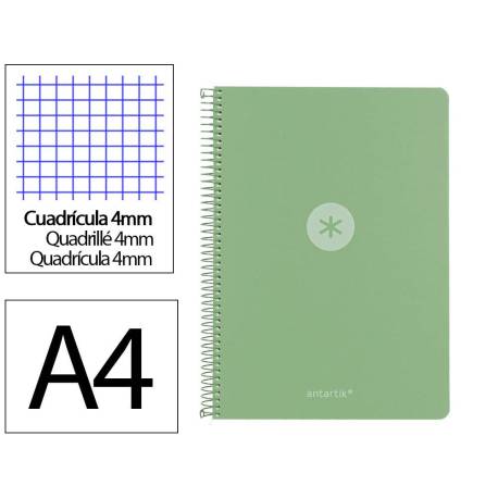 CUADERNO ESPIRAL MARCA ANTARTIK A4 TAPA FOAM 80H 90GR CUADRO 4MM CON MARGEN COLOR VERDE MATCHA