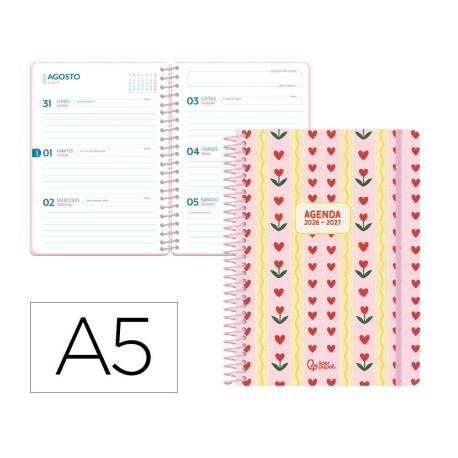 AGENDA ESCOLAR MARCA LIDERPAPEL 26-27 ESPIRAL COTTAGE SEMANA VISTA A5 BILINGUE 80G PAPEL FSC ROSA CORAZONES