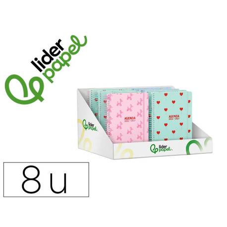 AGENDA ESCOLAR MARCA LIDERPAPEL 26-27 ESPIRAL PETITE DISEÑOS SURTIDOS BILINGÜE 80G PAPEL FSC EXPOSITOR 8 UNIDADES