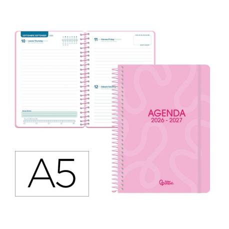 AGENDA ESCOLAR MARCA LIDERPAPEL 26-27 ESPIRAL CLASSIC DIA PAGINA A5 BILINGUE 70G PAPEL FSC ROSA