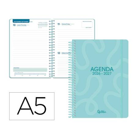 AGENDA ESCOLAR MARCA LIDERPAPEL 26-27 ESPIRAL CLASSIC DIA PAGINA A5 BILINGUE 70G PAPEL FSC AZUL TURQUESA