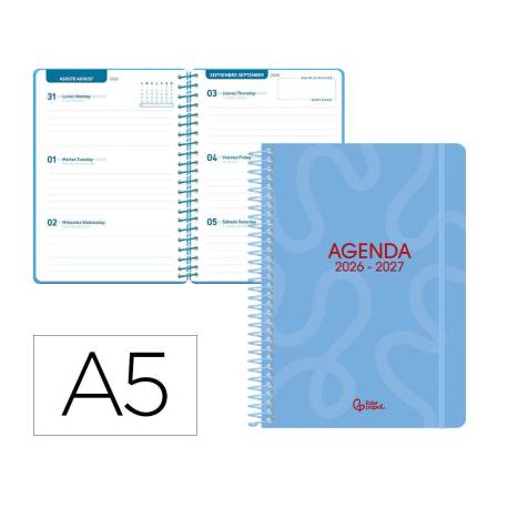 AGENDA ESCOLAR MARCA LIDERPAPEL 26-27 ESPIRAL CLASSIC SEMANA VISTA A5 BILINGUE 70G PAPEL FSC AZUL