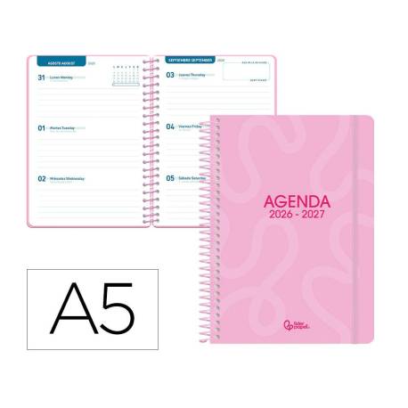 AGENDA ESCOLAR MARCA LIDERPAPEL 26-27 ESPIRAL CLASSIC SEMANA VISTA A5 BILINGUE 70G PAPEL FSC ROSA