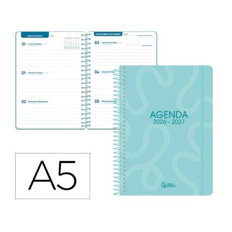 AGENDA ESCOLAR MARCA LIDERPAPEL 26-27 ESPIRAL CLASSIC SEMANA VISTA A5 BILINGUE 70G PAPEL FSC AZUL TURQUESA
