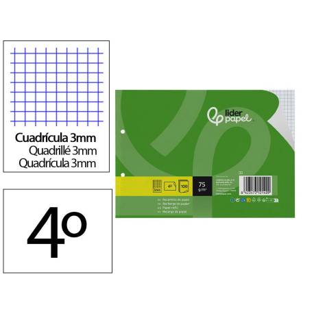 RECAMBIO MARCA LIDERPAPEL DIN A5 APAISADO 100 HOJAS 75 GR CUADRO 3 MM 2 TALADROS CON MARGEN