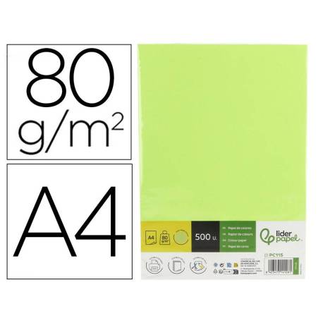 PAPEL COLOR MARCA LIDERPAPEL DIN A4 80 GR VERDE NEON PAQUETE DE 500 HOJAS
